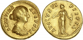 Faustine Jeune (161 – 175 apr. J.-C.) - Av - Aureus 
A/ FAVSTINA AVGVSTA,
Buste de Faustine à droite. 
R/AVGVSTI PII FIL,
Diane debout à gauche tenant...