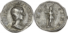 Julia Soaemias (218-222 apr. J.-C.) - Ar - Denier - Rome.
A/ IVLIA SOAEMIAS AVGVSTA,
Julia Soemia drapée tete à droite.
R/ IVNO REGINA,
Junon debout à...