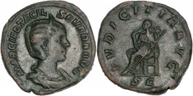Otacilia (244-249 apr J.-C.) - Ae - Sesterce - Rome.
A/ MARCIA OTACIL SEVERA AVG,
Buste diadémé à droite.
R/ PVDICITIA AVG SC,
la Pudeur assise, se co...