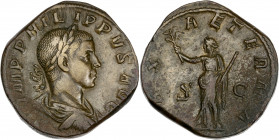 Philippe II (247–249 apr. J.-C.) - Ae - Sesterce - ROME.
A/I MP M IVL PHILIPPVS AVG,
Buste drapé et lauré, cuirassé de Philippe II à droite. 
R/ PAX A...