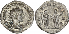 Trajan Dèce (249-251) - Bi - Antoninien.
A/ IMP C M Q TRAIANVS DECIVS AVG,
Buste Trajan Dèce radié et cuirassé à droite. 
R/ PANNONIAE, 
Les deux Pann...