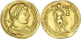 Valens (364-378 apr. J.-C.) - Av - Solidus- Bithynie - Nicomédie. 
A/ D N VALENS - PER F AVG, 
Valens de profil portant un diadème perlé et drapé. 
R/...