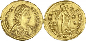 Honorius (395-423 apr. J-C) - Av - Solidus - Ravenne.
A/ D N HONORI-VS P F AVG, 
buste de profil portant un diadème perlé et drapé d'Honorius. 
R/ VIC...