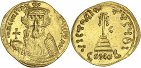 Constans II  (641-668ap. J-C) - Ae - Solidus - Carthage.
A/ D N CONSTANTINЧS P P AV
Constans II de face barbu et couronné, tenant le globe crucigère...