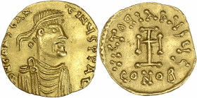 Constantin (668-685 apr.J.C) - Av - Tremissis. 
A/ D N CONSTA-TINYS P P A, 
Buste de Constantin IV diadémé et cuirassé à droite. 
R/ VICTORIA - AVGYS,...