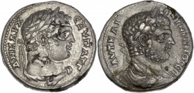 Caracalla (196- 217) - Bi - Tétradrachme - Syro-Phénicien. 
A/ AUT KAI AN-TWNINOS SE,
tête laurée de Caracalla à droite, buste drapé.
R/Buste de Meqar...