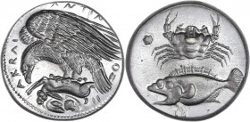 BECKER Counterfeits - Sicile - Akragas (409-406 av J.C.) - Étain - Tétradrachme.
A/ AKPAΓANTINON, 
aigle assis dévorant un lévrier sur un rocher. 
R/ ...