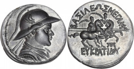BECKER Counterfeits - Royaume Bactriane (170-145 av J.C.) - Étain - Tétradrachme. 
A/ Buste casqué à droite et drapé. 
R/ BASILEWS MEGALOU, exergue: E...