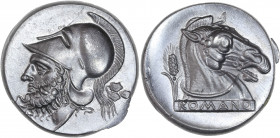 BECKER Counterfeits - République Romaine - Anonyme ( 410-395 av J.C.) - Étain - Didrachme.
A/ Tête de cheval à droite, épis de blé. 
R/ Palmier.
18.44...