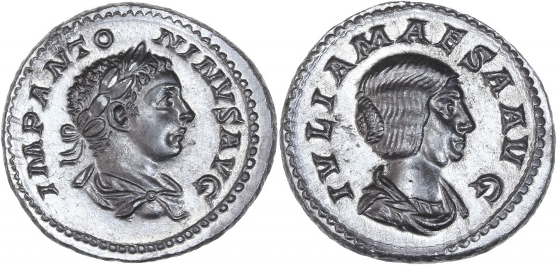 BECKER Counterfeits - Héliogabale ( 218-222 apr. J.C.) - Étain- Denier.
A/ Tête ...