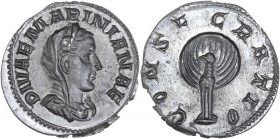 BECKER Counterfeits - Mariniane (253 apr. J.C.) - Étain - Aureus. 
A/ DIVAE MARINIANAE,
buste de Mariniane, voilé et drapé. 
R/ CONSECRATIO, 
paon reg...