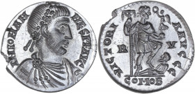 BECKER Counterfeits - Johannes (423-425 apr. J.C.) - Étain - Solidus.
A/D N IOANNES P F AVG,
buste de Johannes diadémé, drapé et cuirassé.
R/ VICTORIA...