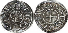 Charles II Le Chauve (840-877) Argent - Denier - Bourges.
A/ + CARLVS IMP AVC,
Croix. 
R/ BITVRICES CIVI,
Monogramme Carolin.
20mm- 1.7g - TTB avec un...