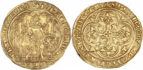 Jean II le Bon (1350-1364) - Or - Écu d'or à la chaise. 
A/ + IOHANNES: DEI GRA FRANCORVM:REX
le Roi assis dans une stalle gothique, couronné, vêtu du...