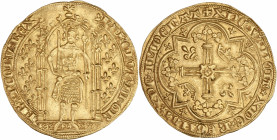 Charles V (1364-1380) - Or - Franc à pied.
A/ KAROLVS DI GR FRANCORV REX, 
le roi couronné, debout sous un dais gothique accosté de lis, portant une c...