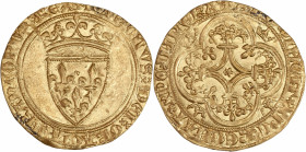 Charles VI le Fou (1380-1422) Or - Écu d'or à la couronne. 
Angers
A/ KAROLVS DEI GRACIA FRANCORVM REX,
Écu de France couronné.
R/ XPC VINCIT XPC REGN...