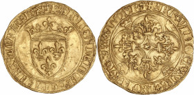 Charles VI le Fou (1380-1422) Or - Écu d'or à la couronne - Dijon.
A/ KAROLVS DEI GRACIA FRANCORVM REX,
Écu de France couronné.
R/ XPC VINCIT XPC REGN...