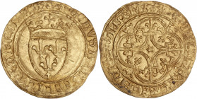 Charles VI le Fou (1380-1422) Or - Écu d'or à la couronne. 
Saint lô.
A/ KAROLVS DEI GRACIA FRANCORVM REX,
Écu de France couronné. 
R/ XPC VINCIT XPC ...