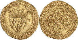 Charles VI le Fou (1380-1422) Or - Écu d'or à la couronne - Toulouse.
A/ KAROLVS DEI GRACIA FRANCORVM REX,
Écu de France couronné.
R/ XPC VINCIT XPC R...