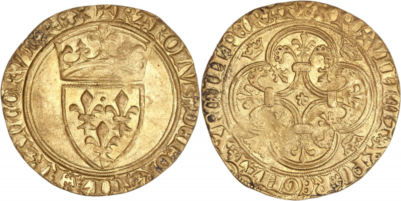 Charles VI le Fou (1380-1422) Or - Écu d'or à la couronne - Troyes.
A/ KAROLVS D...