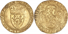 Charles VI le Fou (1380-1422) Or - Écu d'or à la couronne - Troyes.
A/ KAROLVS DEI GRACIA FRANCORVM REX,
Écu de France couronné.
R/ XPC VINCIT XPC REG...