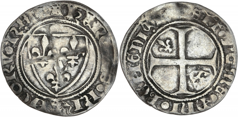 Charles VI le Fou (1380-1422) Bi - Demi-guénar - Saint quentin. 
A/ KAROLVS FRAN...