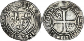Charles VI le Fou (1380-1422) Bi - Demi-guénar - Saint quentin. 
A/ KAROLVS FRANCORV REX,
Écu de France.
R/ SIT NOME DNI BENEDICTV,
Croix cantonnée de...