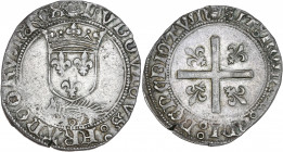 Louis XII (1498-1514) - Bi - Douzain au porc-épic - Dijon.
A/ LVDOVICVS FRANCORVM REX,
Écu de France couronné, posé sur un porc-épic
R/ SIT NOMEN D...