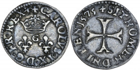 Charles IX (1574-1589) - Argent - Essai du Denier tournois 
1575 G - Poitiers.
A/ CAROLVS IX D G FR REX,
Lettre G entre deux lis , une couronne au des...