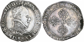 Henri III (1574-1589) - Argent - Demi-franc au col plat.
1590 M - Toulouse.
A/ HENRICVS III D G FRAN ET POL REX 1590 M,
Buste de Henri III à droite, l...
