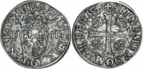 Henri III (1574-1589) - Argent - Douzain aux deux H.
1588 G - Poitiers.
A/ HENRICVS III D G F POL REX G,
Écu de France accosté de deux H.
R/ SIT NOMEN...
