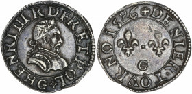 Henri III (1574-1589) - Argent - Essai du Denier tournois.
1586 G - Poitiers.
A/ HENRI III R D FR ET POL G,
Buste cuirassé et lauré à droite de Henri ...