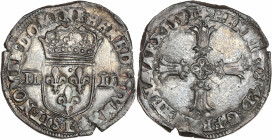 Henri IV (1589-1610) - Argent - Quart d'Écu
1591 L - Bayonne,
A/ HENRICVS 4 D G FRANC ET NAVAR 1591,
Croix feuillue avec quadrilobe en cœur. 
R/ SIT N...