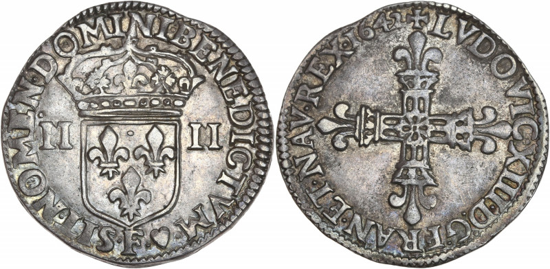 Louis XIII (1610-1643) - Argent - Quart d'Écu 
1642 - Angers.
A/ LVDOVIC XIII D ...