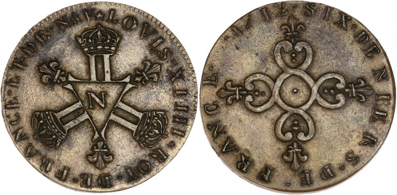 Louis XIV (1643-1715) - Cu - Six Deniers Dardennes
1712 N - Montpellier. 
A/ LOV...