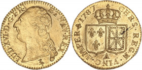 Louis XVI (1774-1792) - Or - Louis d'or à la tête nue 
1787 A- Paris.
A/ LUD XVI D G FR ET NAV REX, 
Tête nue de Louis XVI à gauche. 
R/ CHRS REGN VIN...