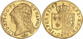 Louis XVI (1774-1792) - Or - Louis d'or à la tête nue
1789 D - Lyon.
A/ LUD XVI D G FR ET NAV REX,
Tête nue de Louis XVI à gauche.
R/ CHRS REGN VI...