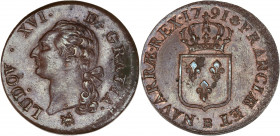 Louis XVI (1774-1792) - Cu - Sol à l'écu 
1791 B - Rouen. 
A/ LUD XVI D GRATIA,
Tête de Louis XVI à gauche.
R/ FRANCIAE ET W NAVARRE REX 1791,
Écu de ...