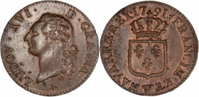 Louis XVI (1774-1792) - Cu - Sol à l'écu 
1791 W - Lille.
A/ LUD XVI D GRATIA,
Tête de Louis XVI à gauche.
R/ FRANCIAE ET W NAVARRE REX 1791,
Écu de F...