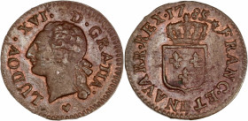 Louis XVI (1774-1792) - Cu - Liard à l'écu 
1785 BB - Strasbourg. 
A/ LUD XVI D GRATIA,
Tête de Louis XVI à gauche.
R/ FRANC ET W NAVARR REX 1785,
Écu...