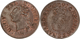 Louis XVI (1774-1792) - Cu - Liard à l'écu 
1791 B - Rouen 
A/ LUD XVI D GRATIA
Tête de Louis XVI à gauche
R/ FRANC ET W NAVARR REX 1791
Écu de France...