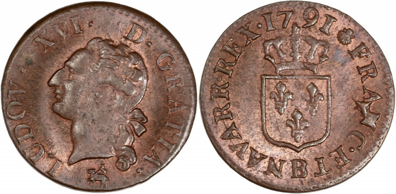 Louis XVI (1774-1792) - Cu - Liard à l'écu 
1791 B - Rouen.
A/ LUD XVI D GRATIA,...