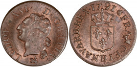 Louis XVI (1774-1792) - Cu - Liard à l'écu 
1791 B - Rouen.
A/ LUD XVI D GRATIA,
Tête de Louis XVI à gauche.
R/ FRANC ET W NAVARR REX 1791,
Écu de Fra...