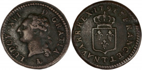 Louis XVI (1774-1792) - Cu - Liard à l'écu 
1791 T - Nantes.
A/ LUD XVI D GRATIA,
Tête de Louis XVI à gauche.
R/ FRANC ET W NAVARR REX 1791,
Écu de Fr...