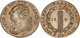 Constitution (1791-1792) - Cu - 12 Deniers FRANÇOIS
1791 A - Paris.
A/ LOUIS XVI ROI DES FRANÇOIS,
Buste de Louis XVI à gauche.
R/ LA NATION LA LOI LE...