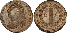 Constitution (1791-1792) - Cu - 12 Deniers FRANÇOIS
1791 BB - Strasbourg.
A/ LOUIS XVI ROI DES FRANÇOIS,
Buste de Louis XVI à gauche.
R/ LA NATION LA ...