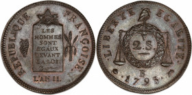 Convention (1792-1795) - Br - 2 sols à la balance - Refrappe 
1793 B - Rouen.
A/ REPUBLIQUE FRANÇOISE AN II,
Table inscrite sous un œil rayonnant. Ent...