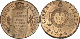 Convention (1792-1795) - Br - Un sol à la balance - Refrappe 
1793 AA - Metz.
A/ REPUBLIQUE FRANÇAISE AN II,
Table inscrite sous un œil rayonnant. Ent...
