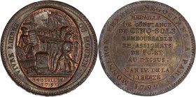 Convention (1792-1795) - Br - cinq sols de Monneron au serment AN IV
1792 - Birmingham.
A/ VIVRE LIBRE OU MOURIR, 
Scène du serment.
R/ MONNERON FRERE...