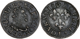 Principauté de Château-Regnault - François de Bourbon Conti - Cu - Double tournois. 
A/ F DE BOVRBON P DE CONT,
Buste de François de Bourbon à droite....